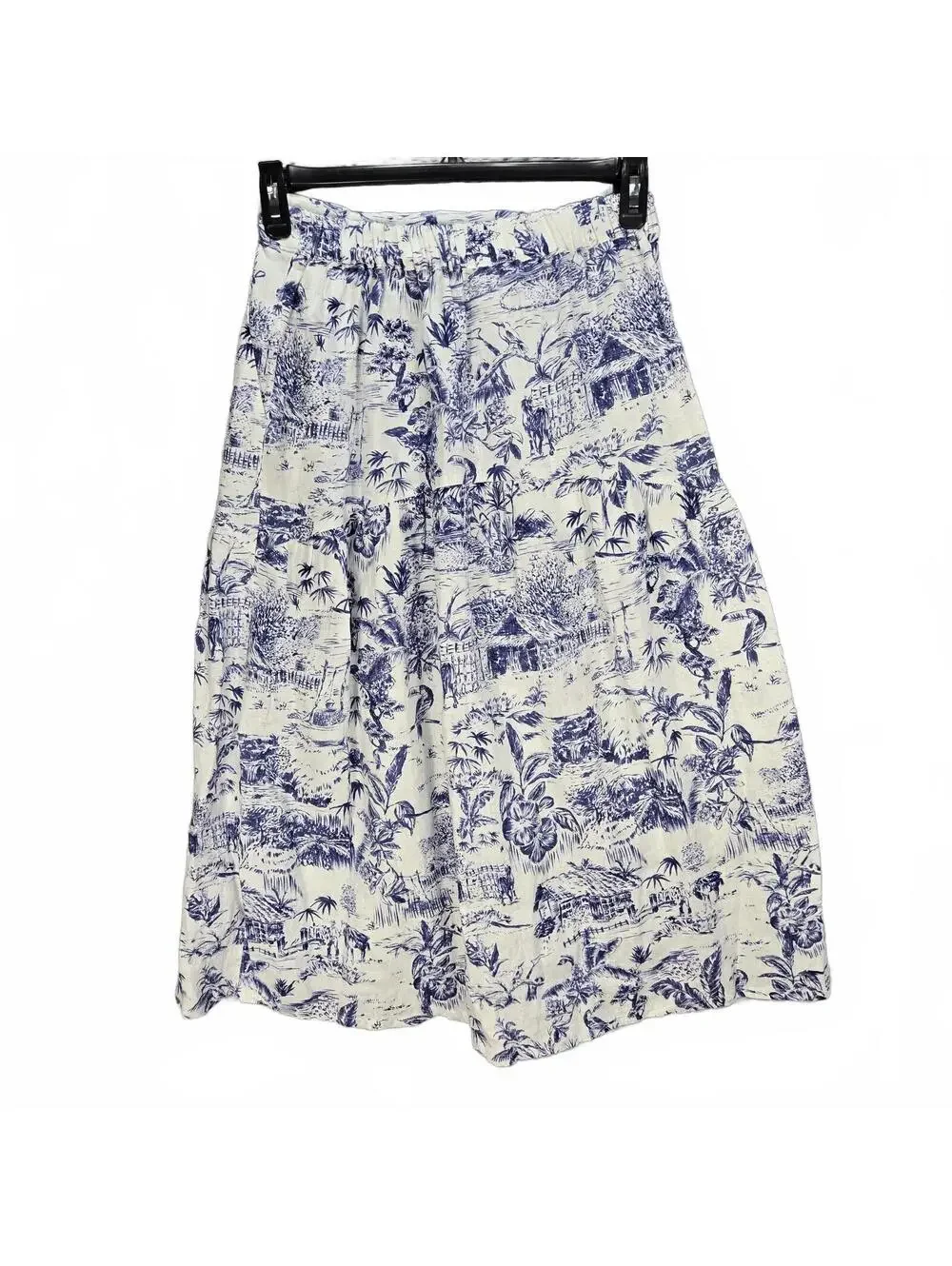 Joie 100% Linen Toile Midi Skirt Blue White Tropical Coastal Grandma Boho Small - Picture 2 of 6